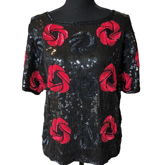 VTG Silk Sequin Beaded Floral Evening Top Megan Barrett Sz S - Picture 1 of 11